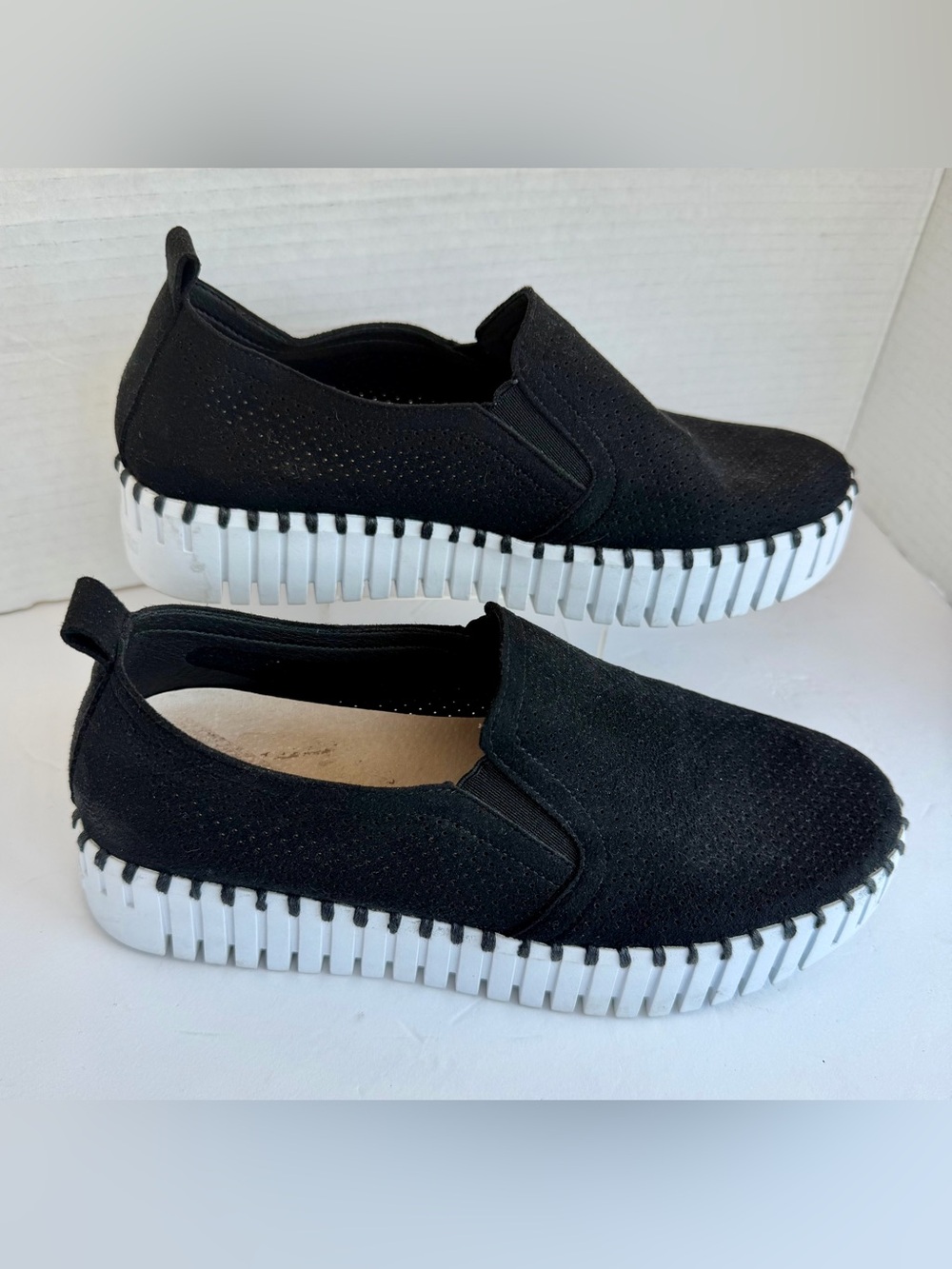 Ilse Jacobsen Black Suede Slip-On Platform Sneakers with White Sole